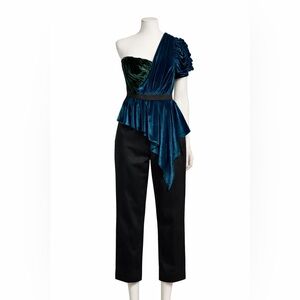 Self-Portrait Black and Teal Velvet Jumpsuit - One Shoulder Evening Outfit